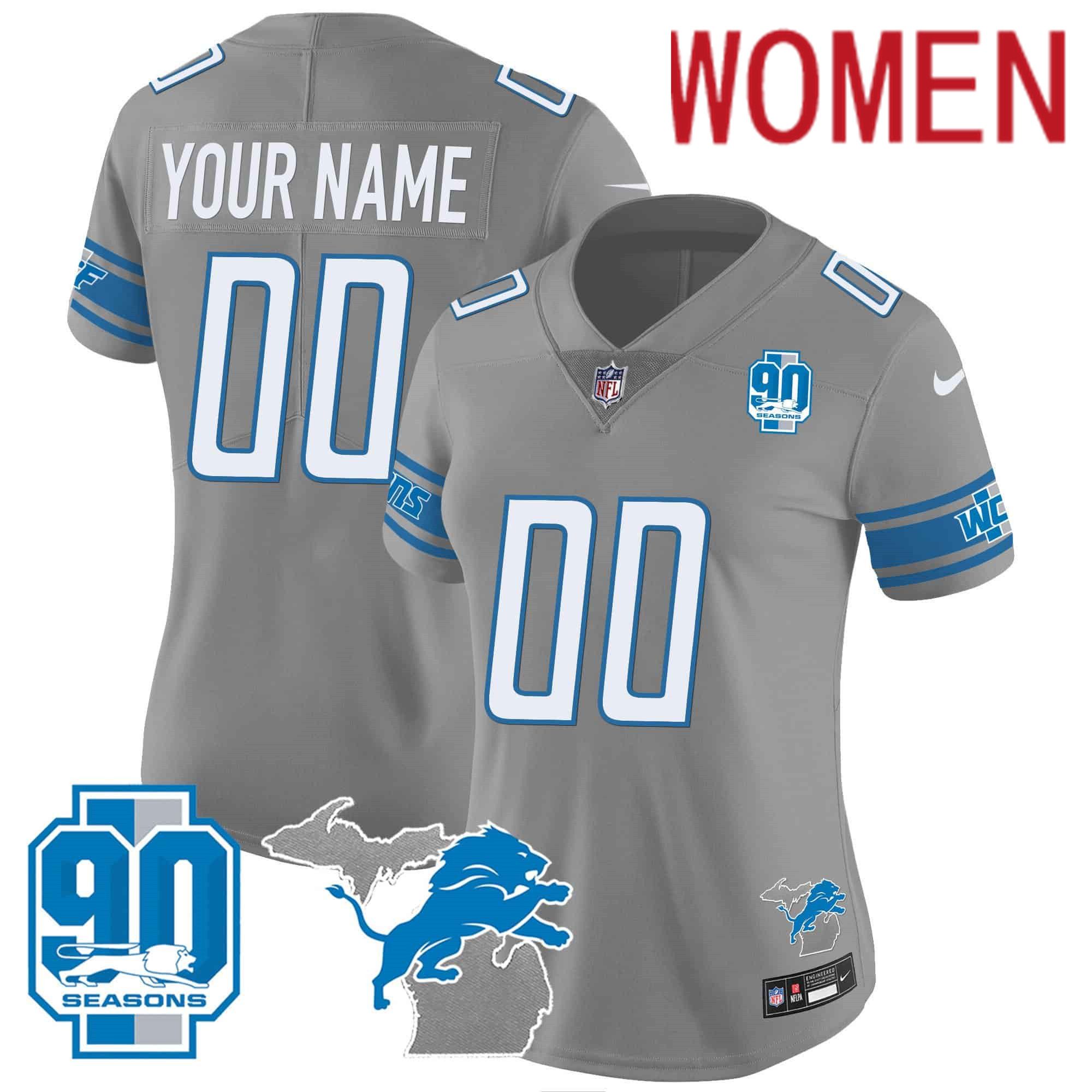 Women Detroit Lions Grey 2024 Nike 90th Year Michigan Patch Custom Vapor NFL Jersey